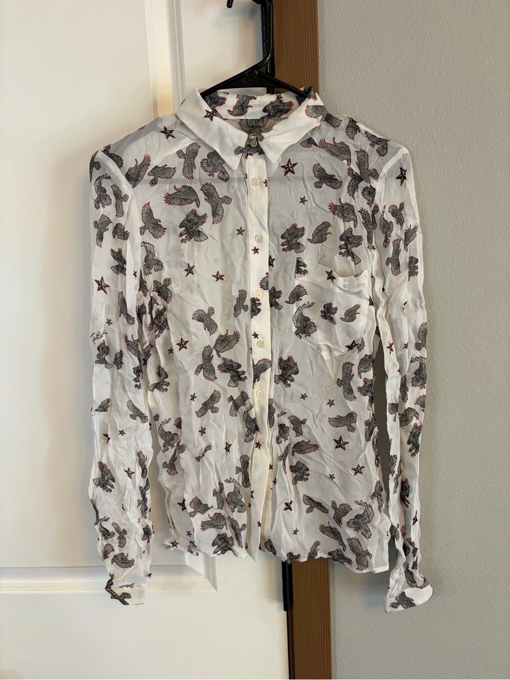 Vintage Just Cavalli Sheer Button-Down Eagle & Star Print Blouse